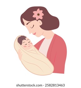 Mother's Day, Mommy with Baby in her arms, Cute vector illustration, with love for baby