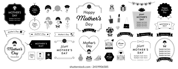 Mother's Day Monochromatic Design Ideas with Text frames, Borders, and Other Decorations, English ver.  Open path available. Editable.