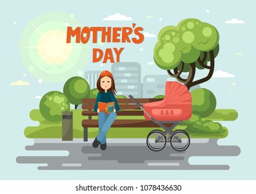 Mother's Day. Mother with baby carriage reading book outdoor in the city park. Hand written lettering. Vector illustration.