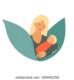 Mothers Day. Mother with baby child. Woman with newborn. Parent holds the child in her arms. Stock vector flat cartoon illustration isolated on white background.