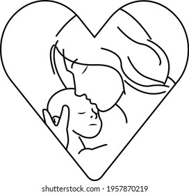 Mothers Day. Mother and baby icon, mother with a baby in her arms, drawing inside a heart. Hugs. Mother's love. Vector black drawing. 