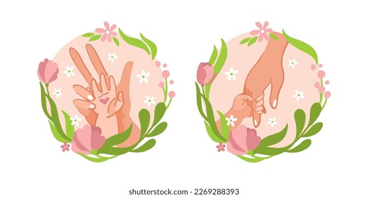 Mothers Day. Mother and child are holding hands. Nice sticker. Vector. 