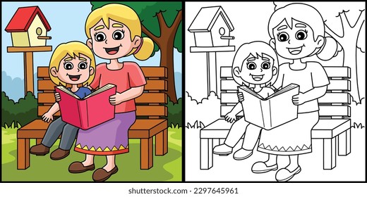 Mothers Day Mother Child Reading Book Illustration