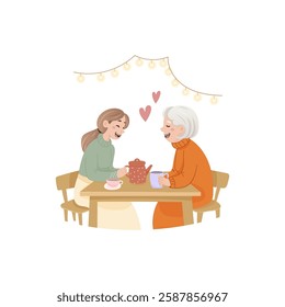 Mother's Day. Mother and daughter adults drinking tea. Grandmother and mother.