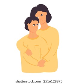  Mother's Day , Mother Embracing A Son. Vector Illustration. Cartoon.  family portrait of an adolescent and a parent. Isolated on a white background. 