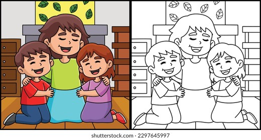 Mothers Day Mother Hugging Children Illustration