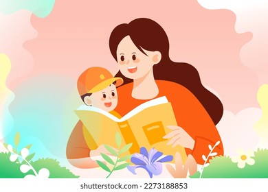 Mother's day, mother hugging still surrounded by flowers, background with flowers and plants, vector illustration