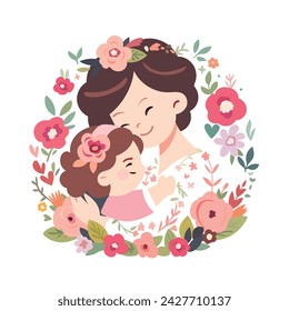 Mother's Day. Mother hugs daughter. Flower card. Give to mother. flowers and leaves fruit retro decorative hand drawn illustration