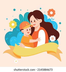 La madre de la madre abraza a su hijo pequeño entre flores con varias plantas y flores en el fondo, ilustración vectorial