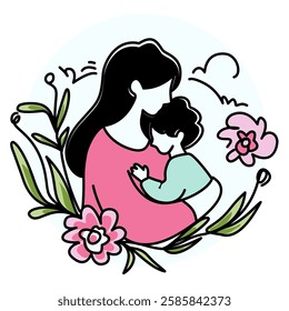 Mother's Day A mother tenderly hugging her child, surrounded by vibrant flowers and leaves, symbolizing love, care, and the beauty of motherhood. Perfect for greeting cards, social media