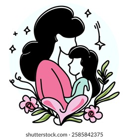 Mother's Day A mother tenderly hugging her child, surrounded by vibrant flowers and leaves, symbolizing love, care, and the beauty of motherhood. Perfect for greeting cards, social media