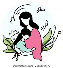 Mother's Day A mother tenderly hugging her child, surrounded by vibrant flowers and leaves, symbolizing love, care, and the beauty of motherhood. Perfect for greeting cards, social media