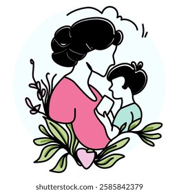 Mother's Day A mother tenderly hugging her child, surrounded by vibrant flowers and leaves, symbolizing love, care, and the beauty of motherhood. Perfect for greeting cards, social media