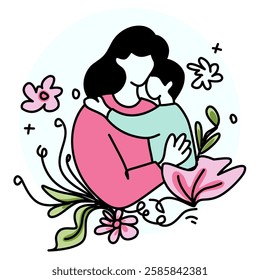 Mother's Day A mother tenderly hugging her child, surrounded by vibrant flowers and leaves, symbolizing love, care, and the beauty of motherhood. Perfect for greeting cards, social media