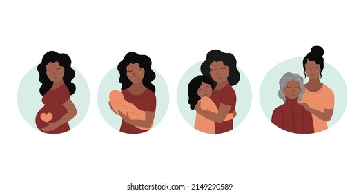 Mothers Day. Motherhood concept set. Cute smiling mother and daughter. Happy african american woman and girl. Stages of growing up of child. Vector flat illustration. 