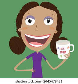 Mother's Day mug. Black woman with a gift mom mug. Vector Illustration