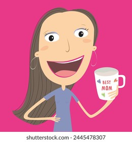 Mother's Day mug. Brunette woman with a gift mom mug. Vector Illustration