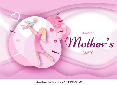 Mother's day origami paper art greeting card in trendy style with frame, patterns, flowers, woman holding baby son silhouette. Colorful carved vector illustration