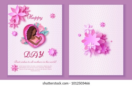 Mother's day origami paper art greeting card in trendy style with frame, patterns, flowers, african woman holding baby silhouette. Colorful carved vector illustration