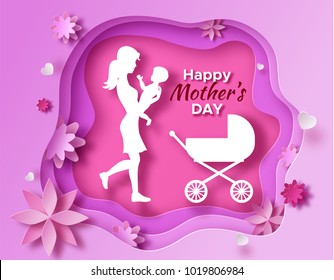 Mother's day origami paper art greeting card in trendy style with frame, patterns, flowers, woman holding baby son silhouette. Colorful carved vector illustration