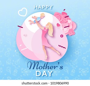 Mother's day origami paper art greeting card in trendy style with frame, patterns, flowers, woman holding baby son silhouette. Colorful carved vector illustration