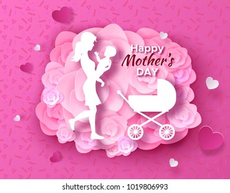 Mother's day origami paper art greeting card in trendy style with frame, patterns, flowers, woman holding baby son silhouette. Colorful carved vector illustration