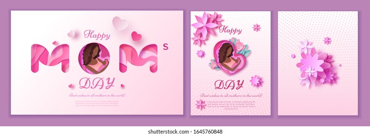 Mother's day origami paper art greeting card in trendy style with frame, patterns, flowers, african woman holding baby silhouette. Colorful carved vector illustration