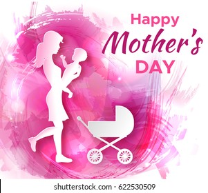 Mother's day origami paper art greeting card with mom holding baby silhouette. Carved vector illustration with  watercolor splashes