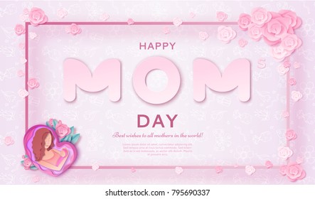 Mother's day origami paper art greeting card or banner in trendy style with frame, patterns,  flowers, woman holding baby silhouette. Colorful carved vector illustration