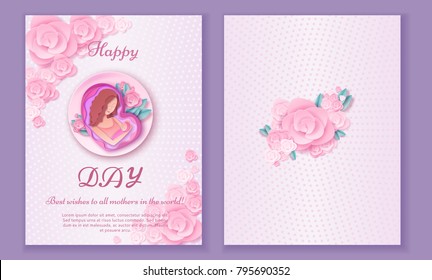 Mother's day origami paper art greeting card in trendy style with frame, patterns,  flowers, woman holding baby silhouette. Colorful carved vector illustration