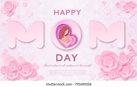 Mother's day origami paper art greeting card in trendy style with frame, patterns,  flowers, woman holding baby silhouette. Colorful carved vector illustration