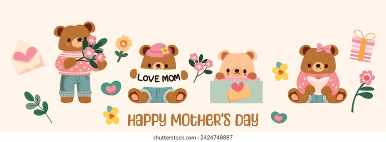 Día de la Madre con nuestra colección de ilustraciones dibujadas a mano. Cada imagen cuenta con adorables osos osos bebés expresando su amor por la mamá, rodeados de flores 