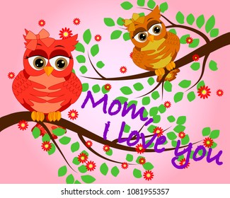 Mother's day owl. Cute illustration of happy mother and kid owl sitting on tree branch