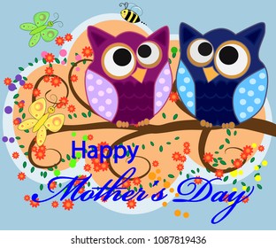 Mother's day owl. Cute illustration of happy mother and kid owl sitting on tree branch