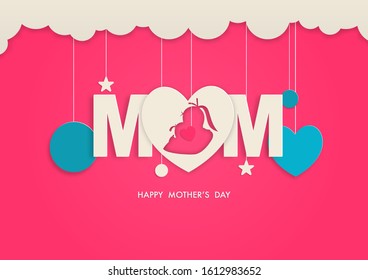 Mother's Day of paper art design, contain hearts stars are holding by string on cloud, Mom text white color is floating and Happy Mother's Day text at under.