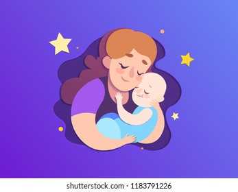 Mothers day paper illustration. Mom keeps a sleeping son behind stars background