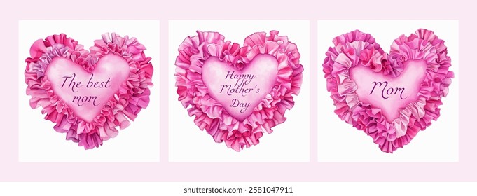 Mother's Day pillows with pink hearts with ruffles. Watercolor pink heart-shaped pillows with ruffles and Mother's Day greetings. Evening illustration.