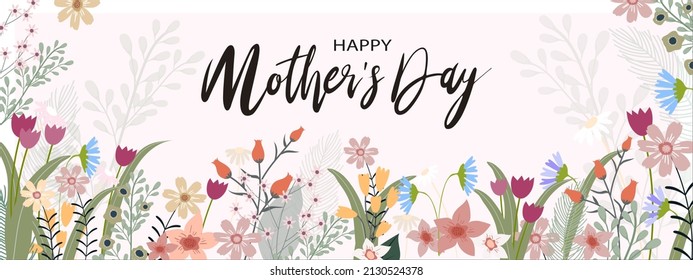 Mother's day pink background banner with Spring flowers border on peach pastel background, Vector illustration horizontal backdrop of cute blooming flora frame, Flat design of beautiful botanical