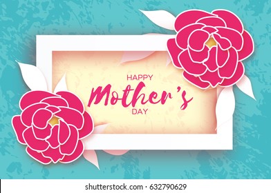 Mother's Day. Pink Floral Greeting card. Paper cut Peony Flower.Rectangle Frame. Origami Women's Day. Text.