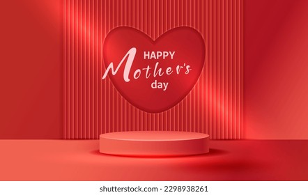 Mother's day podium for product demonstration. Red pedestal or stage with geometric cut heart  background.