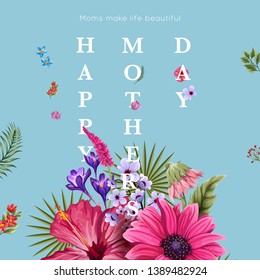 mothers day post, Mother's Day post with isolated flowers, mothers day flowers vector, Mother's Day social media post, blue floral social media post