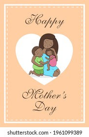 Mother's Day postcard, afro american black skin loving mother and two cute happy children, hugging each other, white heart frame on apricot background, editable strokes of illustration and line frames