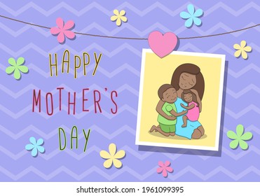 Mother's Day postcard, afro american black skin loving mother and two cute happy children, hugging each other, picture hanging on rope, surrounded with flowers, violet background with zigzag pattern
