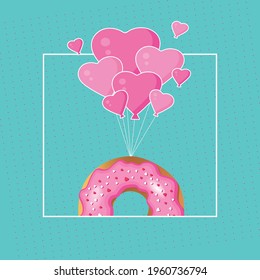 Mother's Day postcard with a big donut flying on pink balloons. On a festive blue background with polka dots. Birthday or Mother's Day poster for Mom. Suitable for website posting.