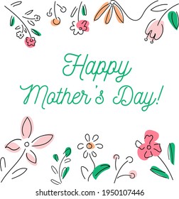 Mother's day postcard with doodle flowers and text. Vector illustration for prints, cards, etc