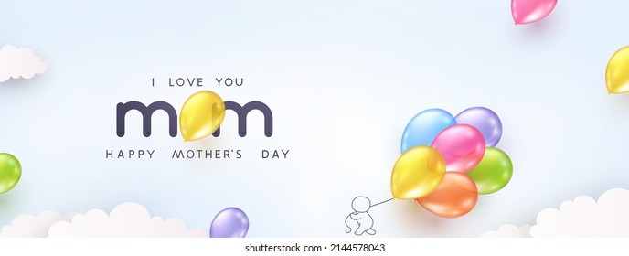 Mother's day postcard with flying balloons bunch and gift box on blue sky background. Vector 3d colorful ballons special mum postcard template