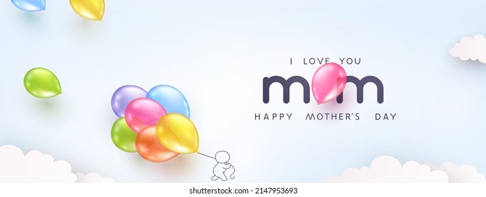 Mother's Day Postcard With Flying Balloons Bunch And Child On Blue Sky Background. Vector 3d Colorful Ballons Special Mum Postcard Template