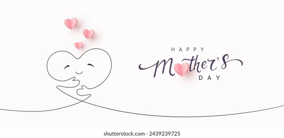 Mother's day postcard. Hug mum heart continuous one line contour with paper flying elements on white background. Vector symbols of love for mom greeting card design