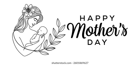 Mother's day postcard, Mom greeting card design, Mum hugs baby on white background.