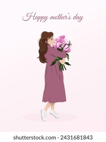 Mothers Day. A postcard to Mom. Spring. Women's day. The girl holds a bouquet of peonies in her hands